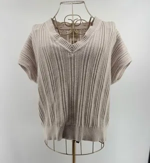 Elie Tahari Women’s Short Sleeve V Neck Beige Grey Sweater Size Large thumbnail 1