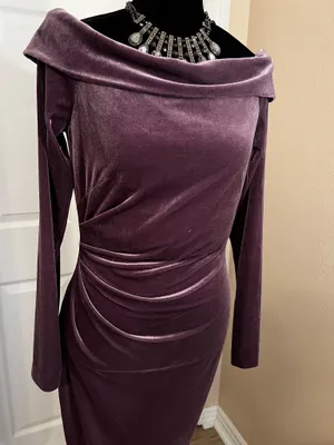 Eliza J Velvet Off-the-Shoulder Fancy Wedding Guest Dress in Plum thumbnail 2