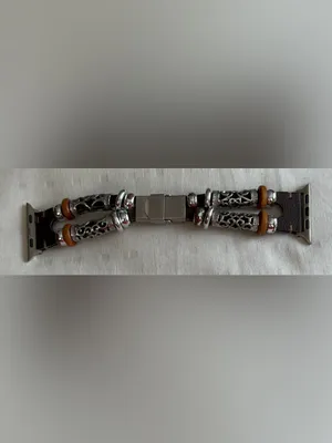 Stainless Steel Brown Leather and Silver Beaded Apple Watch Band Strap thumbnail 4
