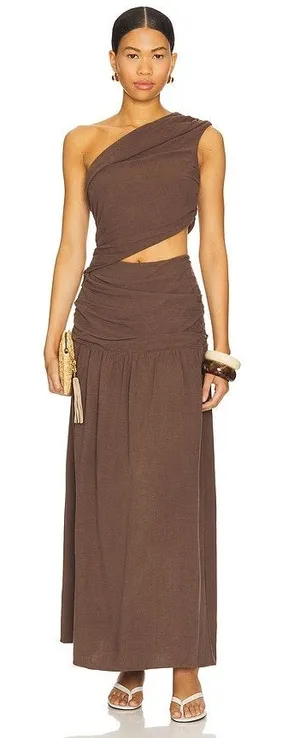 4th & Reckless Yara Maxi Linen Blend Chocolate Ruched Cutout Dress NWT Large thumbnail 1