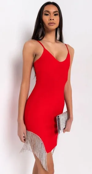 Red Bandage Dress With Rhinestone Fringe thumbnail 1