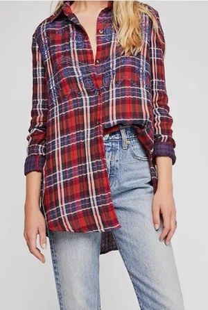 Free People Magical Plaid Boho Cottage Embroidered Cotton Button Down size small thumbnail 1