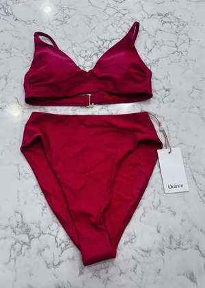 New Quince Cherry Red Italian V Neck Bikini Top & High Rise High Leg Bottoms XS thumbnail 1
