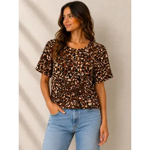 Ann Taylor Factory Women Top L Brown Leopard Puff Sleeve Knit Animal Print thumbnail 2
