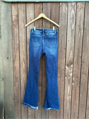 Kancan Dark Wash Distressed Button Fly Flare Jeans thumbnail 5