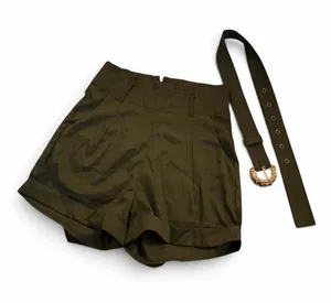 Olive Green Pleated Women’s Shorts with Belt thumbnail 1