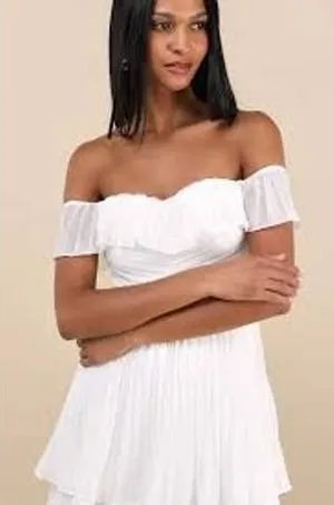 Lulus Mini Dress Women Large White DJ1682 Off Shoulder Pleated Ruffle Bridal New thumbnail 1
