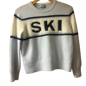Cream & Navy/Light Blue 'SKI' Crewneck Sweater by CeCe thumbnail 1