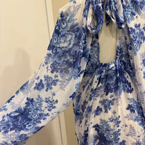 Maeve Anthropologie Blue White Floral‎ Sheer Tunic Blouse High Neck Tie Back L thumbnail 11