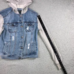 Mixed Media Denim Jacket Women S Blue Distressed Hooded Grunge Punk‎ y2k Stained thumbnail 11