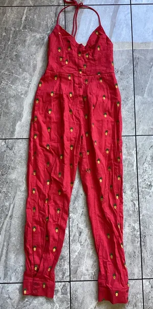 Farm Rio Red Embroidered Pineapple Halter Jumpsuit Linen Blend XS SN 294030 thumbnail 1