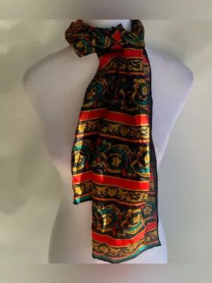 Vintage 80s Elaine Gold Silk neck scarf baroque pattern red gold green print thumbnail 6