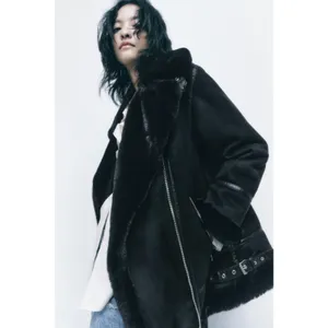 [Zara] Black Faux Fur Suede Double-Faced Oversized Moto Jacket Blogger Fave XS thumbnail 14