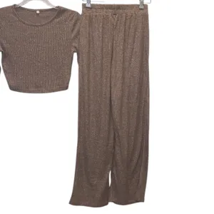 Woman’s Small Brown Ribbed Knit Crop Top and Wide-Leg Pants Set thumbnail 4