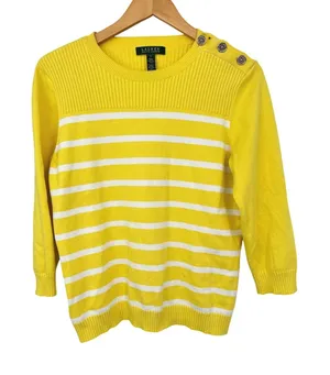 Lauren Ralph Lauren Sweater Women Large Yellow Striped Button Nautical Old Money thumbnail 1