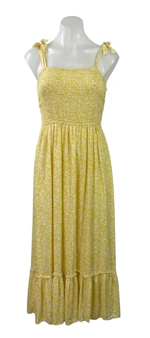 Japna Yellow Floral Shirred Smocked Sleeveless Tie A Line Fit & Flare Dress S thumbnail 1