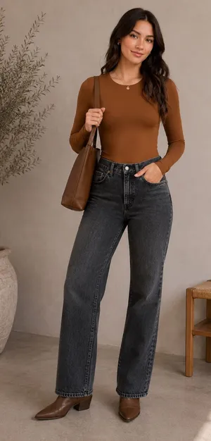 Nuuds Long Sleeve Crewneck Bodysuit‎ Brown Fitted Stretch Minimalist Capsule thumbnail 1