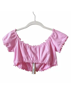 Skims Pointelle Logo Crop Top Bubblegum Size XL Off The Shoulder Colorful Celeb thumbnail 2
