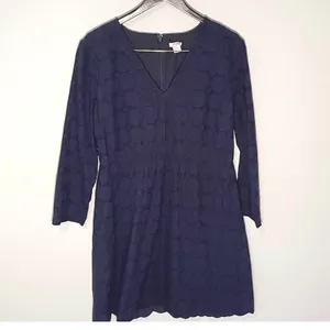J Crew Navy Blue‎ Cotton Eyelet Dress V Neck 3/4 Sleeve Scalloped Hem Women's 14 thumbnail 2