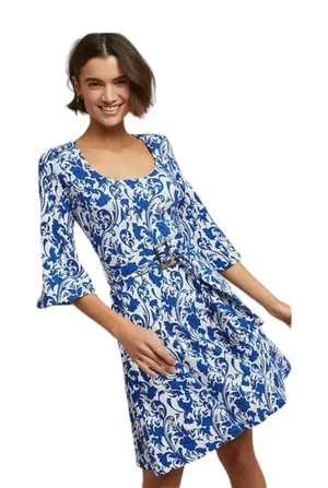 Anthropologie Maeve Leonie Dress by Maeve Bell Sleeve Size L blue white floral‎ thumbnail 1