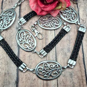 Ladies Silver Tone & Black Braided Faux Leather Chain Belt Swirl Size S Western thumbnail 1