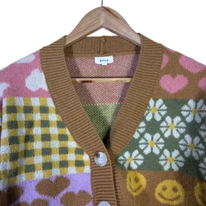 Debut Quirky Patchwork Cropped Cardigan Womens XS Brown Pink Retro Indie Whimsy thumbnail 4