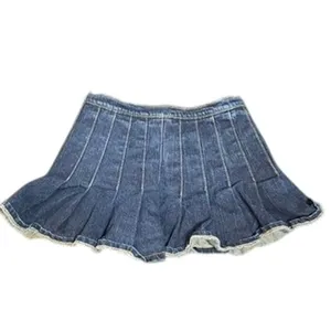 J. Galt Pleated Denim Mini Skirt Dark Wash Buckle Accent Raw Hem Small thumbnail 5