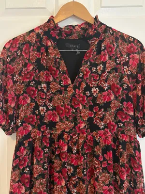 1. State Red Black Floral Puff Sleeve Dress Size Small Ruffle Babydoll Flowers thumbnail 3