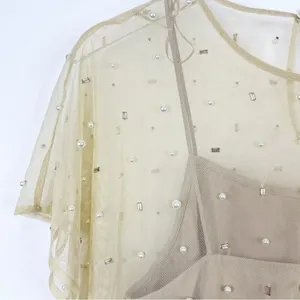 NWT ZARA Sheer Mesh Pearl Embellished Midi Dress Women's Size XS/S Tan‎ thumbnail 5