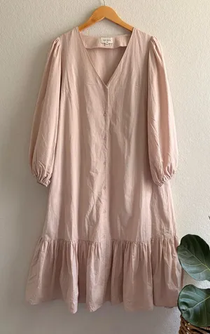 Aura Pale Pink Midi Belted Button Up Dress Lagenlook Ruffle Balloon Sleeve S thumbnail 1