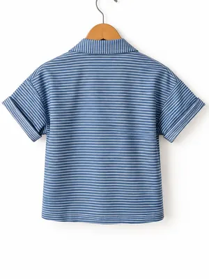SABO SKIRT Oversized Blue & White Striped Button-Down Short Cuff Sleeve Blouse thumbnail 5
