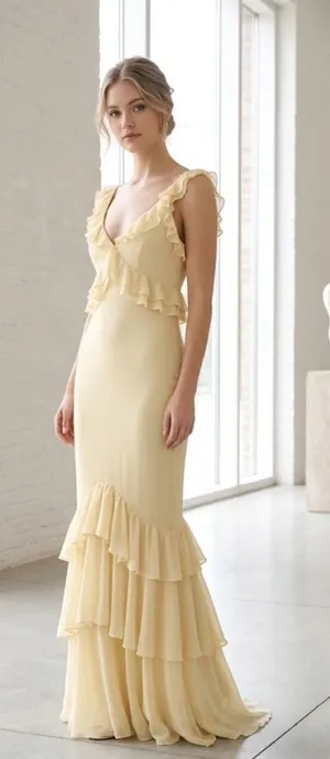 SHEIN Pale Yellow Ruffle V-Neck Maxi Dress thumbnail 1