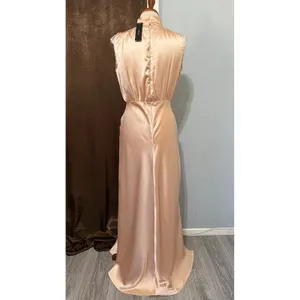 New Lulus Maxi Dress S Champagne Satin Mock Neck Sleeveless Side Slit Prom Gala‎ thumbnail 5