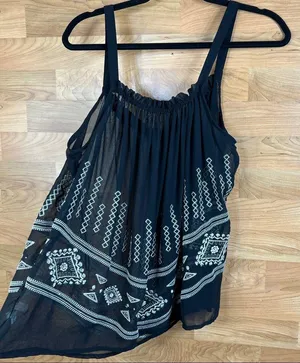 Cecico Sheer Tank Blouse w/Embroidery and a keyhole front tie Black thumbnail 3