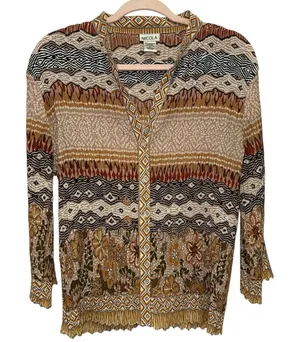 Boho Sheer‎ Blouse XL Earth Tone Floral Button Front Lightweight thumbnail 1