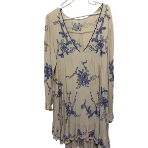 Free People Embroidered Boho Mini Dress Cream Blue Floral V-Neck Peasant Medium thumbnail 2