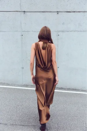 Zara maxi halter scarf satin plunge neck Brown Evening Wedding thumbnail 9