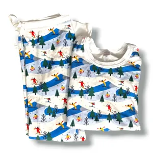 Hanna Andersson Womens Organic Cotton Ski Scene Pajama Set Blue White Winter thumbnail 1