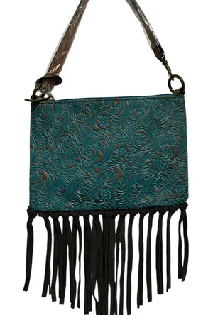 NWT: Justin Boots Brand Tooled Embossed Fringe Convertible Bag thumbnail 1