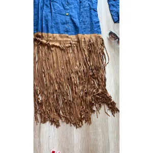 Set sunglasses & Blue Chambray Shirt Dress with Brown Faux Suede Fringe Hem - M thumbnail 3