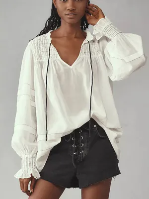 By Anthropologie Long-Sleeve Airy Babydoll Blouse white black size large thumbnail 1