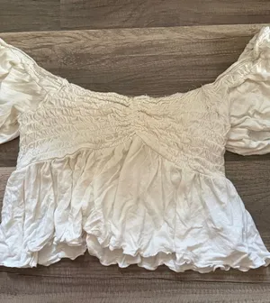 Urban Outfitters Cream Off-Shoulder Smocked Peplum Crop Top thumbnail 1