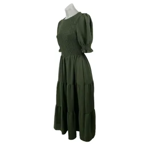 BTFBM Women's Green Smocked Short Puff Sleeve Tiered A Line Maxi Dress Size S thumbnail 2