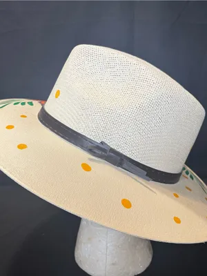 Hand-Painted Ivory Wide-Brim Hat with Orange Butterfly & Multicolor Hummingbird thumbnail 4