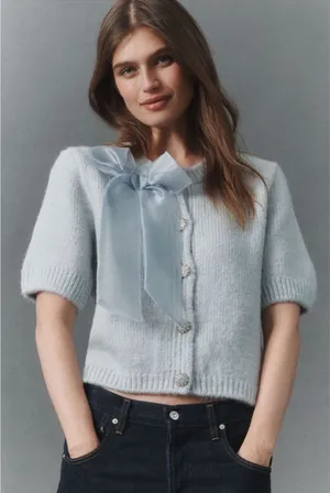 Anthropologie Maeve Short-Sleeve Bow Cardigan Sweater thumbnail 1
