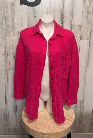 Hot Pink 100% Cotton Gauze Long Sleeve Button Down Shirt Shacket Women's S thumbnail 1