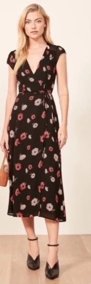 Reformation Carina Wrap Midi Dress Black Floral Viscose V Neck thumbnail 1