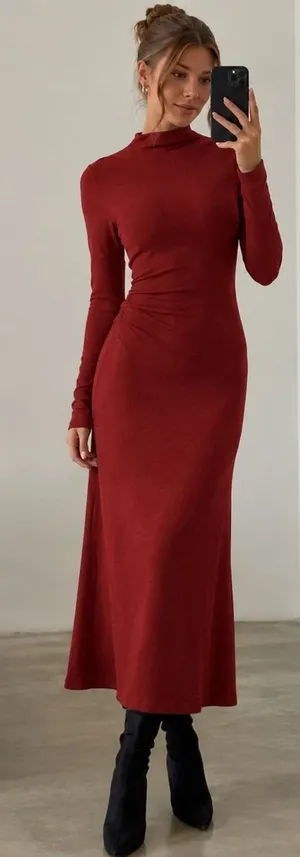 OGL Eco-Mousse ProWarm Long Sleeves Mockneck Tucks Midi Dress Rust Red XL thumbnail 1