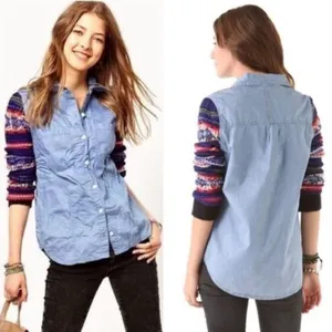 Free People We The Free Chambray Sweater Sleeve Shirt Women's Small Light Blue‎ thumbnail 4