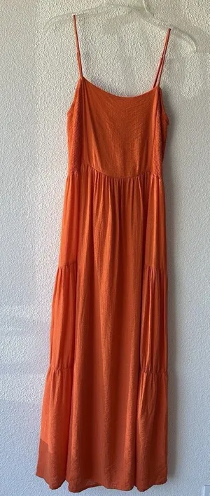 Lush Clothing Women's Maxi Dress Tie Back Size Small Orange Adjustable Straps Tiered Boho thumbnail 1